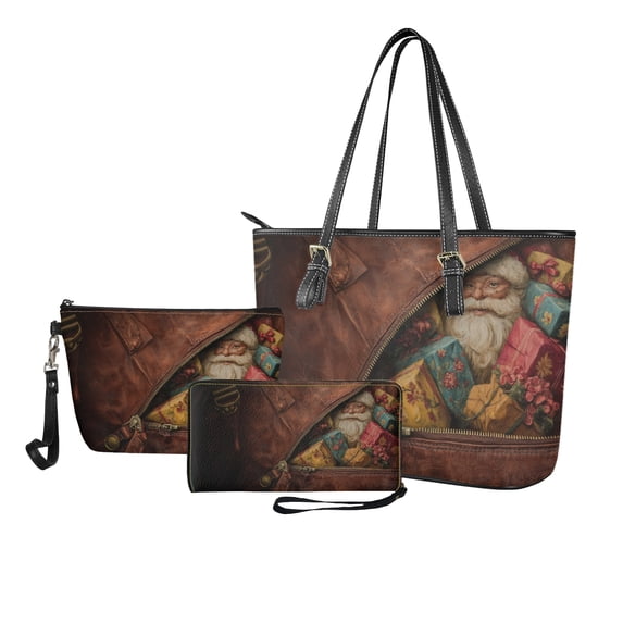 ZUXONGSY Leather Santa Claus Gift Print Top Handle Bag with Portable Cosmetic Bags Purse for Women PU Leather Top Handle Satchel Set with Waterproof Travel Toiletry Bag Cash Wallet for Daily
