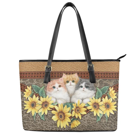 ZUXONGSY Leather Sunflower Cat Print Handbag for Women Waterproof Top Handle Satchel Practicality Travel Purse with Handle for Workout Dating