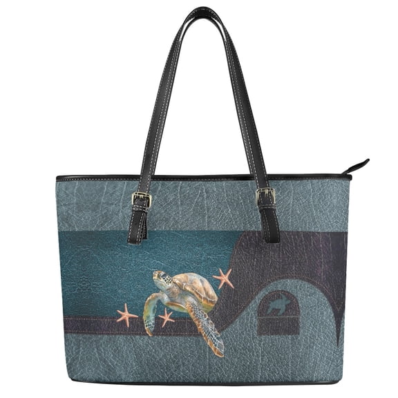 ZUXONGSY Leather Turtle Starfish Print Tote Bag for Women Trendy Travel Purse Lightweight Work Bag with Zip Compartments for Travel Shopping