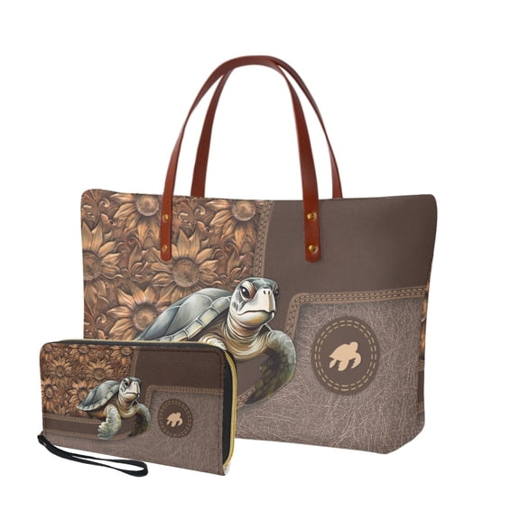 ZUXONGSY Leather Turtle Sunflower Print Handbag with Matching Wallet for Women Practicality Work Bag Satchel Handbags Top Handle Satchel Waterproof Card Holder for Business Tours
