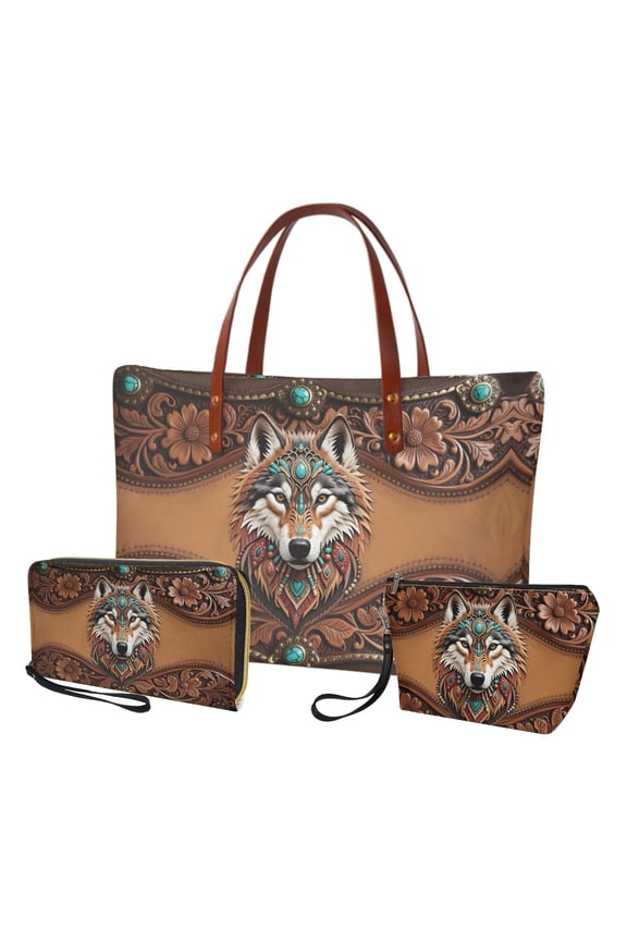 Leather Wolf Daisy Flower Print Top Handle Bag with Portable Cosmetic Bags Purse for Women PU Leather Top Handle Satchel Set with Waterproof Travel Toiletry Bag Credit Card Holder Wallet