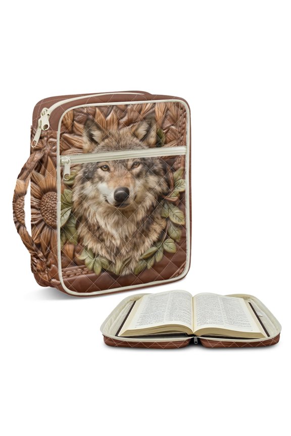 Leather Wolf Print Bible Cover for Women Portable Bible Protective Carrier Sturdy Christian Gift with Pen Holder ChuZU Bag for Daily Commuter