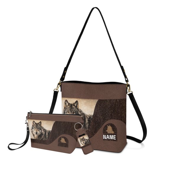 ZUXONGSY Leather Wolf Print Fashion Bucket Crossbody Purse for Women with Cosmetic Case and Chapstick Holder, Includes Travel Toiletry Pouch & Keychain Sleeve for Travel Shopping