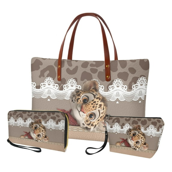 ZUXONGSY Leopard Cow Spot Print Top Handle Bag with Large Capacity Makeup Bag Wallet for Women PU Leather Top Handle Satchel Set with Fashion Makeup Pouch Money Organizers for Business Shopping