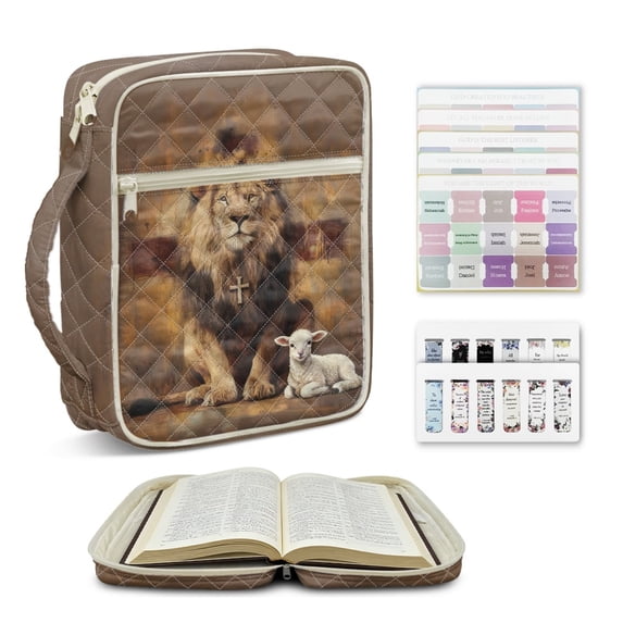 ZUXONGSY Lion Cross Sheep Print Large Bible Carrying Bag for Women, Quilted Bible Cover Case with Handles, Christian Study Supplies Perfect Gifts for Her