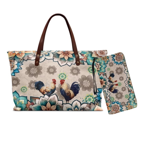 ZUXONGSY Mandala Rooster Print Pu Leather Shoulder Bag Handbag and Wallet Set Womens Tote Handbag Set with Wristlet Wallet for Travel Shopping