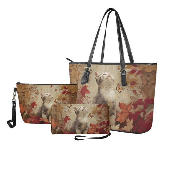 ZUXONGSY Maple Leaf Cat Print Top Handle Bag with Multifunctional Makeup Bag Wallet for Women PU Leather Top Handle Satchel Set with Casual Cosmetic Pouch Purse Cash Wallet for Dating Shopping