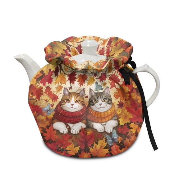 ZUXONGSY Maple Leaf Cat Tea Cosy Dustproof Soft Breakfast Pot Protector with Elastic Band Drawstring Tea Pot Cover Insulation Insulation And Keep Tea Warm Thanksgiving Fall Decor