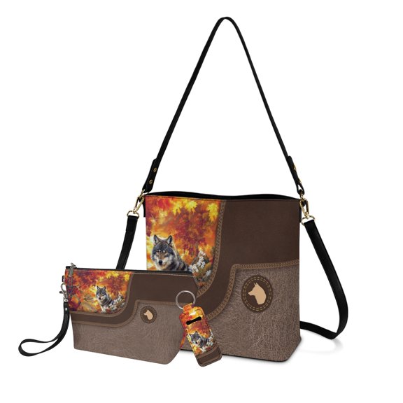 ZUXONGSY Maple Leaf Wolf Daisy Print Bucket Crossbody Bag with Casual Cosmetic Bags and Lip Balm Gloss Holder for Women Crossbody Handbag Set with Cosmetic Pouch Purse Keychains