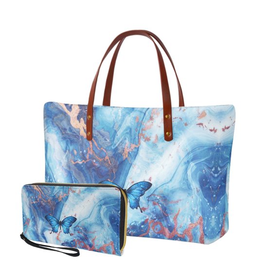 ZUXONGSY Marble Butterfly Print 2 Pieces Tote Bag and Wallet Set for Women Multifunctional Top Handle Satchel Satchel Handbags Shoulder Bag with Credit Card Holder Wallet for Work Shopping