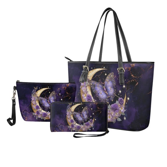 ZUXONGSY Marble Butterfly Rose Moon Print Handbag with Multifunctional Cosmetic Bags Purse for Women PU Leather Top Handle Satchel Set with Lightweight Makeup Pouch Card Holder for Dating Shopping