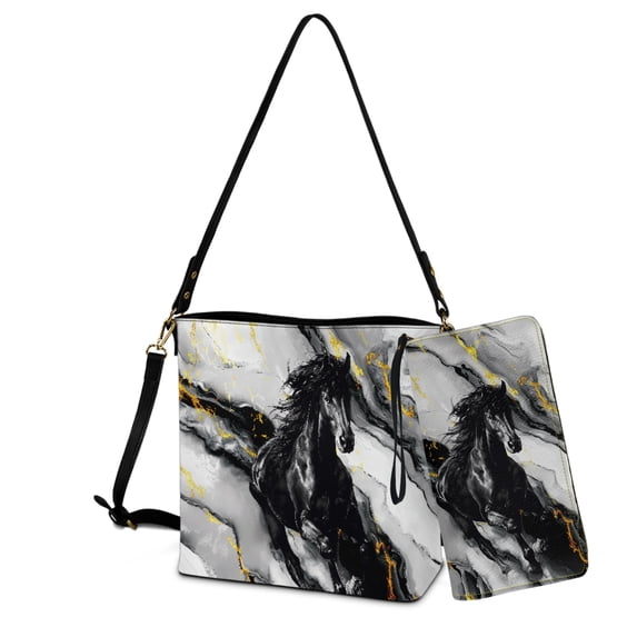 ZUXONGSY Marble Horse Print Bucket Bag Tote Purse Set for Women Waterproof Shoulder Bag with Leather Wallet Trendy 2 Pcs Bucket Purse Set for Dating