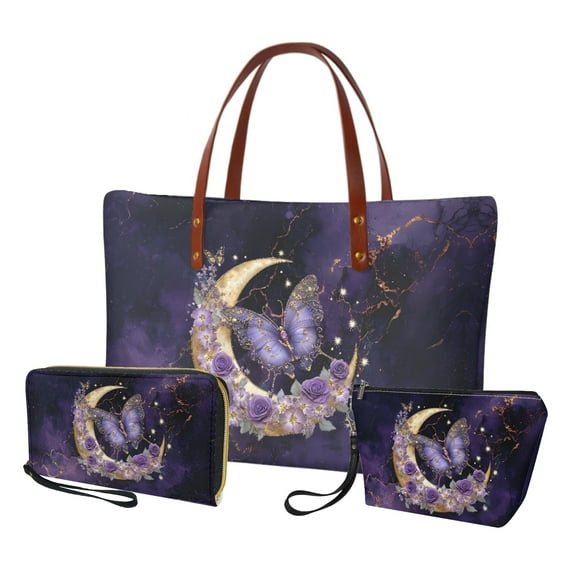 ZUXONGSY Marble Moon Rose Butterfly Print Top Handle Bag with Multifunctional Cosmetic Bags Purse for Women PU Leather Top Handle Satchel Set with Lightweight Travel Toiletry Bag Card Holder