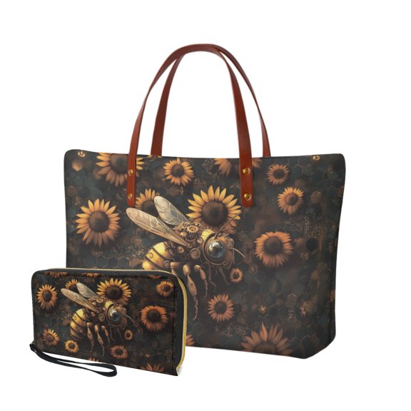ZUXONGSY Mechanical Bee Sunflower Print Top Handle Satchel Purses Set of 2 for Women Large Tote Bag Satchel Handbags with PU Cash Wallet , Lightweight Top Handles Work Bag Purses for Hiking Shopping