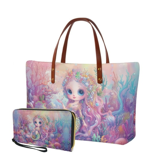 ZUXONGSY Mermaid Coral Print 2 Pack Handbags and Purses for Women Fashion Top Handle Satchel Work Bag with Long Wallet, Large Top Handles Shoulder Bag Cash Purses