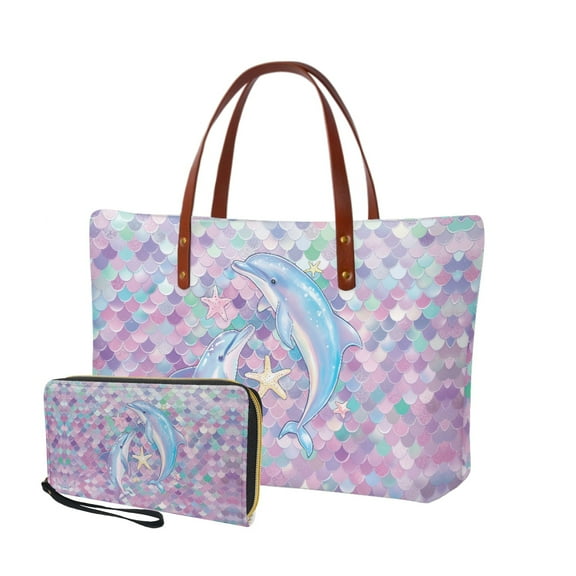 ZUXONGSY Mermaid Scale Dolphin Starfish Print 2 Pack Purses and Handbag for Women Fashion Top Handle Bag Work Bag Shoulder Bag Multifunctional with Matching Wallet for Shopping Work