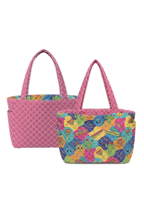Mexican Cactus Print Fashion Quilted Satchel Handbag for Women, Reversible Lightweight Tote with Side Pockets, Large Shoulder Bag for Travel, Work, Pink