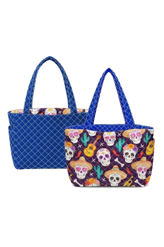 Mexico Skull Print Tote Bag Casual Reversible Quilted Underarm Bag Lightweight Women's Purse for Outdoor Activities Gym Weekend, Blue