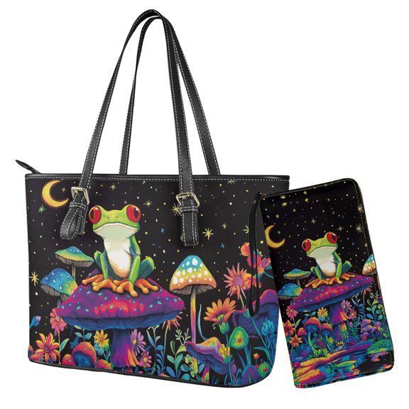 ZUXONGSY Moon Frog Mushroom Print Womens Handbag Set Wallet and Purse Set Top Handle Handbag with Wristlet Wallet Set for Ladies Shopping Travel