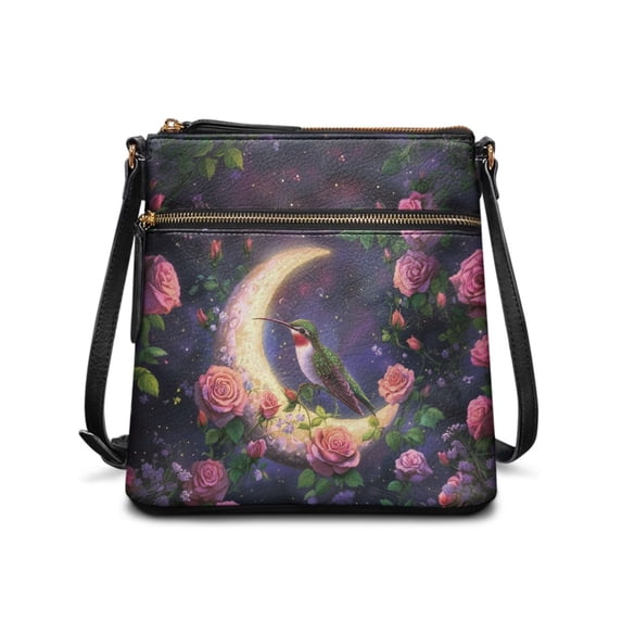 ZUXONGSY Moon Hummingbird Rose Print PU Leather Crossbody Handbag for Women Waterproof Sling Hobo Bag Multiple Pockets Bag Travel Bag with Shoulder Strap for Working Travel