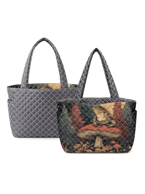 Mushroom Frog Print Women's Lightweight Quilted Tote – Reversible Stitching Shoulder Bag, Large 15" Laptop Handbag with Multiple Pockets, Perfect for Work Travel, Gray