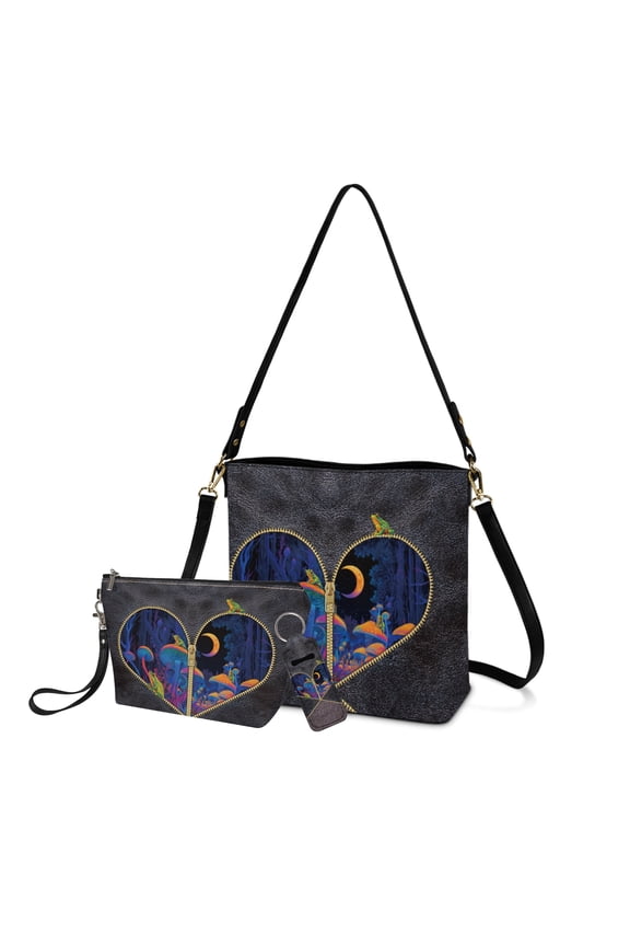 Mushroom Moon Forest Print Stylish Bucket Hobo Bag for Women with 3pcs Cosmetic Kits and Lip Balm Leash, Features a Hanging Toiletry Case for Travel