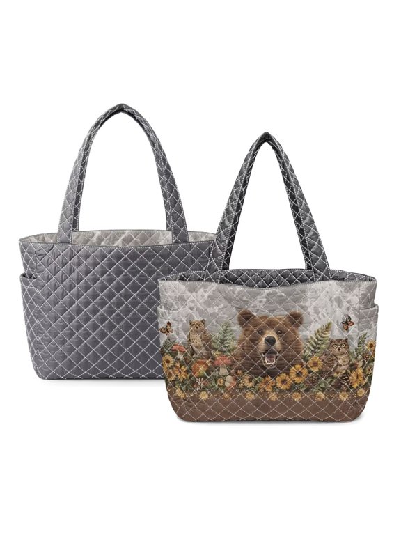 Owl Mushroom Bear Print Reversible Quilted Tote Bag – Women's 2-in-1 Stitching Shoulder Handbag, Large Capacity Travel Tote with Multiple Pockets for Laptop, Water Bottle, Gray