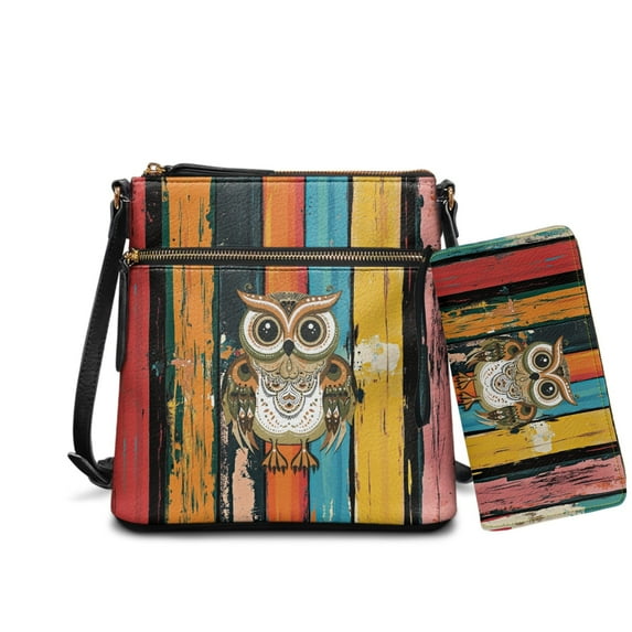 ZUXONGSY Owl Woodgrain Print Leather Women's Tote Bag Crossbody Bag and Wallet 2 Piece Set Trendy Purse Set for Work, Travel, & Outings Waterproof and Lightweight