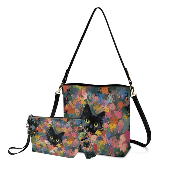 ZUXONGSY Painted Cat Flower Print Practical Shoulder Bag for Women with Matching Makeup Case and Lip Balm Holder, Includes Portable Toiletry Pouch for Business Trips