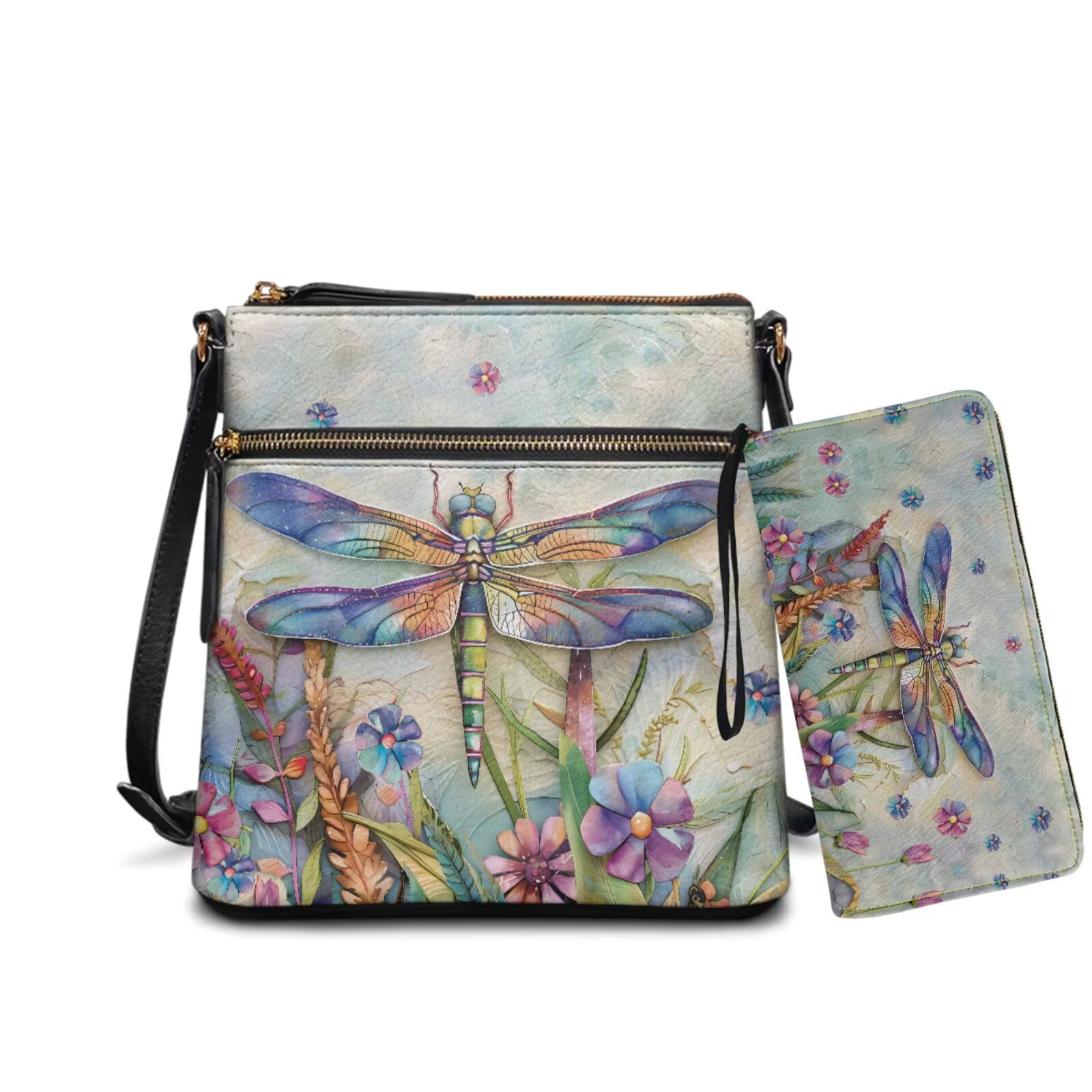 ZUXONGSY Painted Glass Dragonfly Floral Print Women's Leather Crossbody Bag and Matching Wallet Set, Satchel Hobo Purse with Multi-Pockets, Adjustable Shoulder Strap