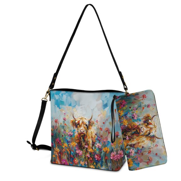 ZUXONGSY Painted Highland Cow Daisy Flower Print Bucket Bag Tote Purse Set for Women Lightweight Crossbody Hobo Bag with Wallet Set Large Leather Crossbody Handbag with Wrist Wallet for Workout