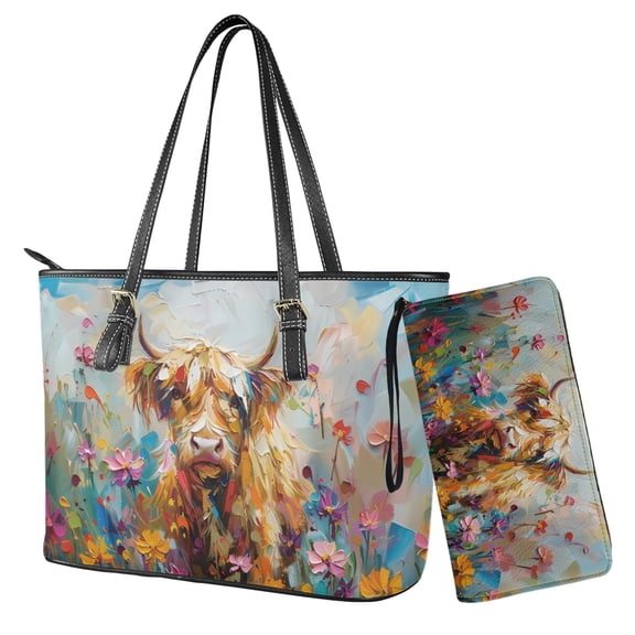 ZUXONGSY Painted Highland Cow Daisy Flower Print PU Leather Hobo Shoulder Bag for Women Lightweight Purse and Wallet Set with Zipper Handbag with Matching Wallet for Shopping Work