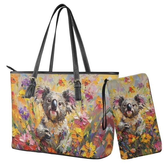 ZUXONGSY Painted Koala Daisy Flower Print 2 Pieces Waterproof Tote Handbag Card Holder Set for Women Large Capacity Work Bag with Matching Wallet Set for Shopping Work