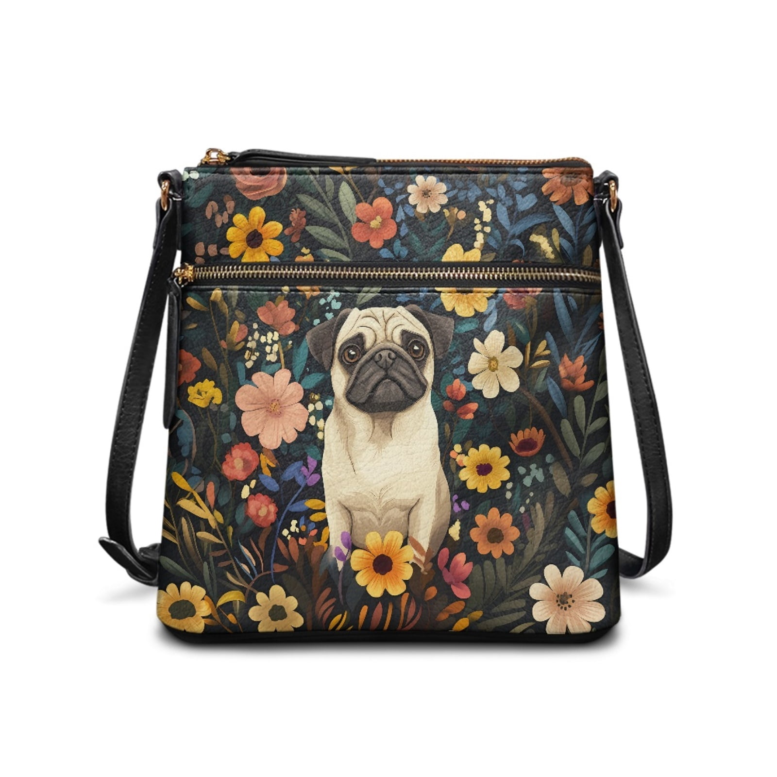 ZUXONGSY Painted Pug Daisy Flower Print Leather Crossbody Bags for Women Fashion Shoulder Handbags Sling Hobo Bag Lightweight Multiple Pockets Bag with Shoulder Strap for Working Workout