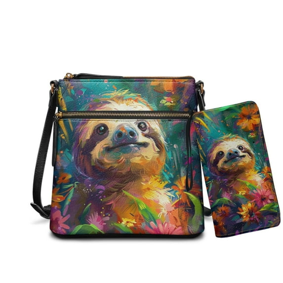 ZUXONGSY Painted Sloth Daisy Flower Print Hobo Crossbody Bag Set for Women Lady, Leather Satchel Purse Multi Pocket Crossbody Shoulder Handbag Medium Size Messenger Bag with Adjustable Strap