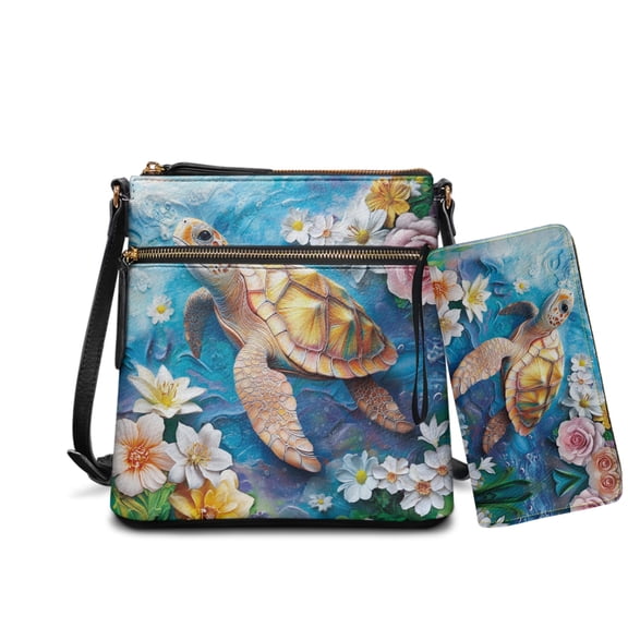 ZUXONGSY Painted Turtle Rose Print Large Crossbody Hobo Purse and Wallet Set for Women, PU Leather Satchel Bag with Adjustable Strap for Travel & Casual Use