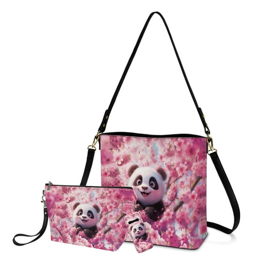 ZUXONGSY Panda Cherry Blossom Print Waterproof Crossbody Bag for Women with Cosmetic Pouch and Chapstick Keychain, Comes with Travel Toiletry Kit for Workout