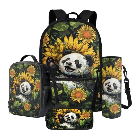 ZUXONGSY Panda Sunflower Butterfly Print Backpack Set for Elementary School Kids Backpack with Lunch Box Pencil Bag and Water Bottle Holder Bookbag Set for Teens Girls Boys, Pack of 4