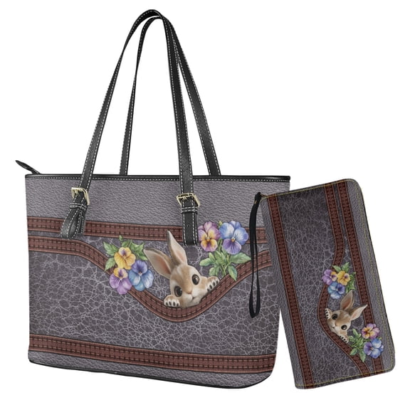ZUXONGSY Pansy Bunny Print 2 PCS Tote Bag Handbag with Wallet Set Pu Leather Hobo Shoulder Bag for Women Ladies 2 Pcs Top Handle Handbag Purse Clutch Shoulder Totes