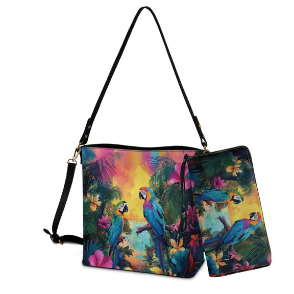 ZUXONGSY Parrot Tropical Floral Print Trendy Bucket Bag Tote Purse Set for Women, Lightweight Shoulder Bag with Leather Wallet for Shopping Working