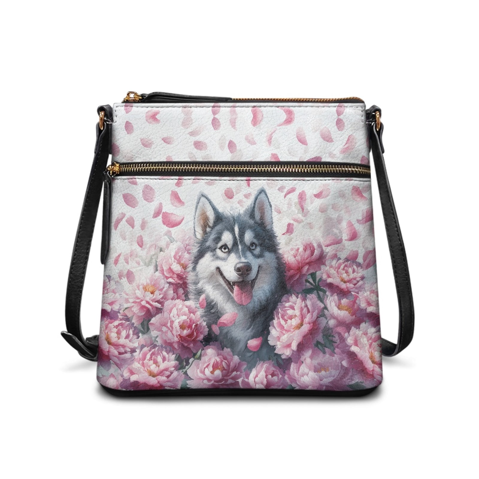 ZUXONGSY Peony Siberian Husky Prints PU Shoulder Purse Bag for Women Waterproof Crossbody Handbag Sling Hobo Bag Multipurpose Satchel with Adjustable Strap for Working Shopping