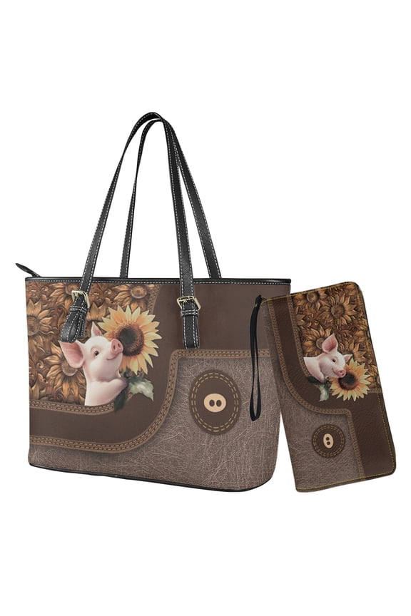 Pig Sunflower Print Tote Bag with Purse Lightweight Leather Handbag and Wallet Set for Women Waterproof Totes Top Handle Handbag with Matching Clutch Purse