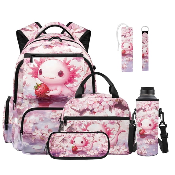 ZUXONGSY Pink Axolotl Cherry Blossoms Print 6 in 1 Kids Backpack Set with Lunch Box Pencil Case Water Bottle Holder Keychain Bookmark, Lightweight School Bookbag for Boys Girls Middle School