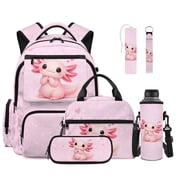 ZUXONGSY Pink Axolotl Print 6 in 1 School Backpack Set for Girls, Large Capacity Bookbag with Insulated Lunch Bag Pencil Case Water Bottle Holder Keychain Bookmark, Lightweight Student Backpack