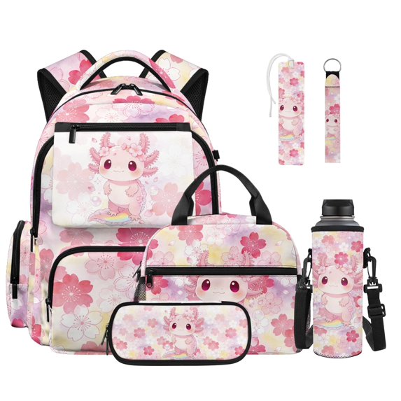 ZUXONGSY Pink Cherry Blossom Axolotl Print 6 in 1 Kids Backpack Set with Lunch Box Pencil Case Water Bottle Holder Keychain Bookmark, Large Capacity School Bookbag for Boys Girls Back to School Gift