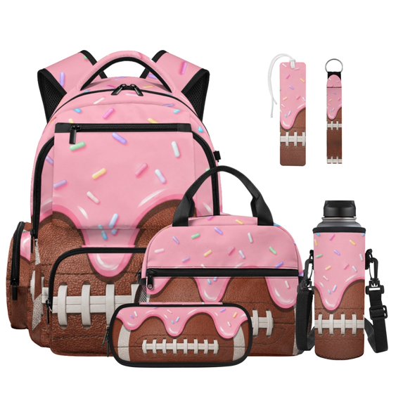 ZUXONGSY Pink Ice Cream Football Print6 in 1 Kids Backpack Set with Insulated Lunch Box Pencil Case Water Bottle Holder Keychain Bookmark, School Bookbag for Boys Girls Elementary High School