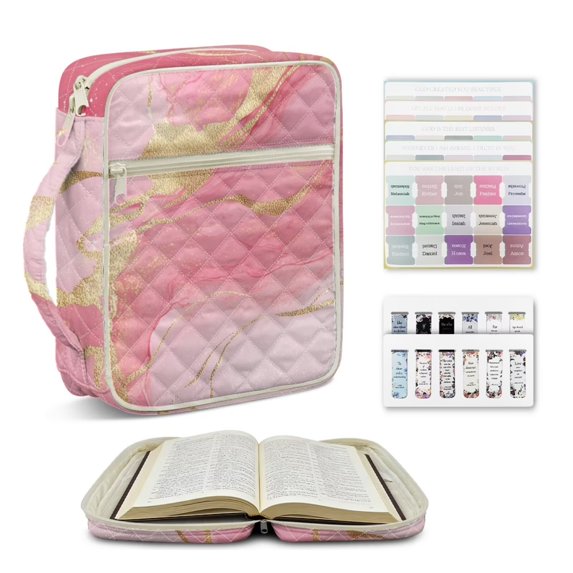 ZUXONGSY Pink Marble Print Bible Cover for Women Quilted Bible Carrying Case Stylish ChuZU Bag with Tabs & Pen Slots Christian Gift for ChuZU, Essentials