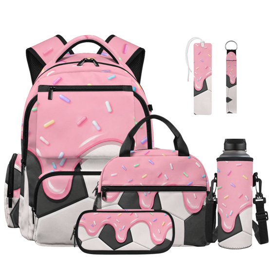 ZUXONGSY Pink Soccer Ice Cream Print6 Pack Backpack Bag for Boys Girls Casual Schoolbag School Bookbag with Lunch Box Pencil Case Water Bottle Sleeve Keychain and Bookmark Kids Travel Daypack Bags