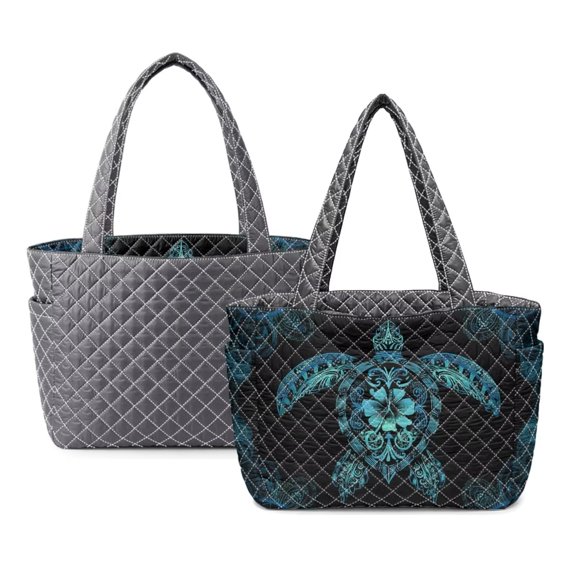 ZUXONGSY Polynesian Sea Turtle Print Reversible Women's Quilted Shoulder Tote, Large Capacity Hibiscus Flower Print Handbag with Side Pockets, Lightweight Top Handle Satchel for Shopping, Gray