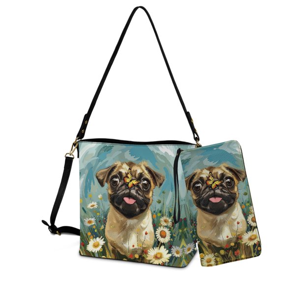 ZUXONGSY Pug Daisy Flower Butterfly Print Multifunctional Top-Handle Handbags with Purse for Women, Multipurpose Crossbody Hobo Bag with Wallet Set for Shopping Working